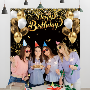 Imprimé personnalisé 5.9x6.5ft <span class=keywords><strong>anniversaire</strong></span> toile de fond mur Portable Polyester bannière noir or pour la photographie Photo toile de fond fête - Product Image 4