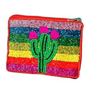 Porte-monnaie en perles fait main en forme de cactus, grande pochette zippée arc-en-ciel, portefeuille bohème - Product Image 1