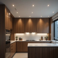 Cuisine contemporaine en forme de L, placage noyer, design antique, sol en marbre, appareils électroménagers en acier inoxydable, évier