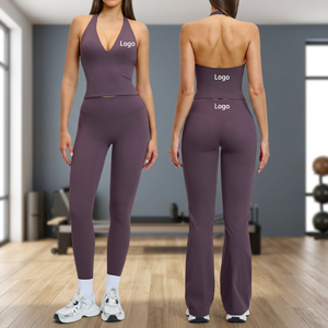 Ensemble de yoga col en V profond et dos nu, leggings taille haute sans couture, 2 pièces, couleur unie, tenue de sport pour femme - Product Image 2