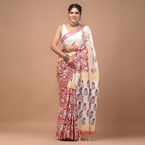 Sari de Lino y Algodón Puro con Estampado a Bloque Hecho a Mano, Prenda Tradicional India, Sari de Lino y Algodón Estampado de Primera Calidad para Mujer, Ropa Étnica - Product Image 1