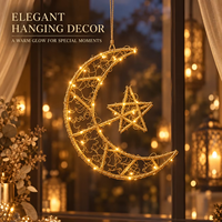 Décoration de Ramadan : Petite lune croissante et étoile lumineuses en métal à suspendre, avec cadre en fil d'or tressé, LED blanc chaud, piles AA, pour décoration intérieure.