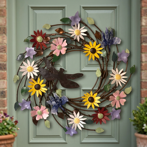 Corona Floral Rústica de Metal con Libélula, Flores Decorativas Hechas a Mano, Corona Redonda sin Luces - Product Image 3