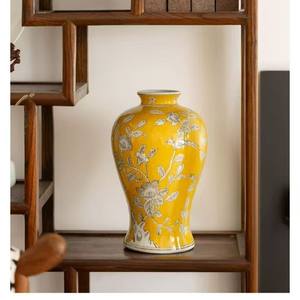 مزهرية سيراميك كلاسيكية صفراء مرسومة يدويًا تصميم فن الانصهار الصيني-الأمريكية للمداخل وديكور الطاولة الفاخر - Product Image 3