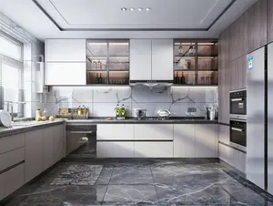 Hiện đại phong cách Châu Âu nhà bếp nội thất bộ hoàn chỉnh Trắng loạt PVC soild tủ gỗ với bất kỳ phụ kiện
