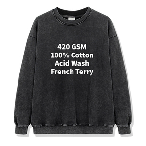 Felpa da Uomo Personalizzata OEM di Alta Qualità, 420gsm, 100% Cotone, Collo Tondo, Stile Vintage Nero, Lavaggio Acido, Pesante - Product Image 1