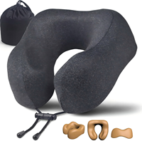 Coussin de voyage pour fessiers, appui-tête de siège d'avion, pour dormir, portable, 100 % mousse à mémoire de forme pure, amovible, lavable, entièrement noir