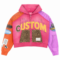 Fabricant de vestes zippées personnalisées en patchwork délavé à l'acide, style streetwear avec strass effet soleil, coupe oversize vintage, pour hommes