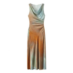<b>Vintage</b> <b>Summer</b> Tie Dye Print Midi <b>Dress</b> for Women Sleeveless Satin Robe Natural Waistline Woven Digital Printing Ruffles - Product Image 6