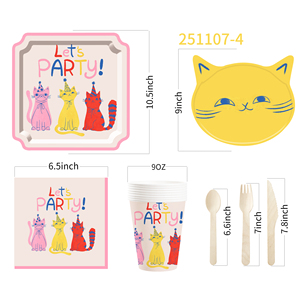 DAMAI Cat Party Set Party Tableware Children's Birthday Pets Including <b>Paper</b> Plates Napkins <b>Tablecloths</b> Cups for 8 Guests - Product Image 3