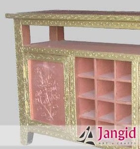 Buffet de bar vintage en bois peint avec incrustations roses et décorations en laiton, porte-bouteilles, pour salon, hôtel, style asiatique, rangement - Product Image 6