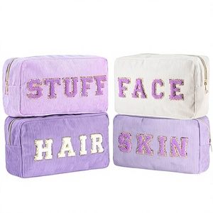 Corduroy Cosmetic <b>Bag</b> Set With Letter Embroidery Zipper Closure For Face Hair Skin Stuff Storage Organizing Makeup Accessories - Product Image 3