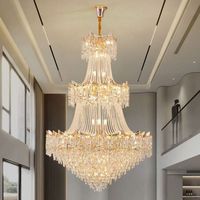 Lustre de salle de bain à deux étages Grande suspension de luxe en cristal doré Hauteur réglable LED Dimmable Plafonnier haut