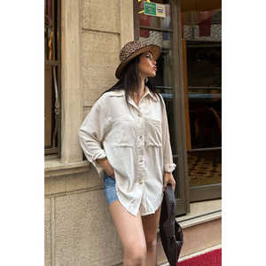 Chemise boutonnée oversize naturelle pour femme, chemisier décontracté en popeline, style quotidien, design simple, manches longues, coupe ample - Product Image 3