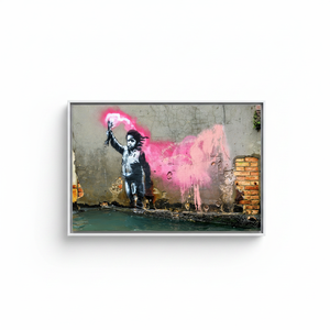 Printed <b>Canvas</b>: Banksy Migrant Child Graffiti Artwork, Modern Home Decor,WHITE <b>FRAMED</b> <b>CANVAS</b> - Product Image 2
