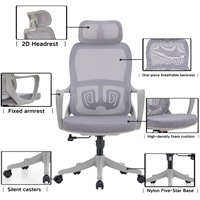 Chaise de bureau ergonomique moderne pivotante à dossier haut en tissu, appui-tête réglable, accoudoirs fixes, base chromée pour atelier, hôpital