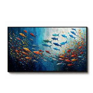 Peinture murale abstraite de poisson, grande toile minimaliste faite à la main, œuvre d'art pour hôtel, décoration murale pour la maison, arts décoratifs - Product Image 2