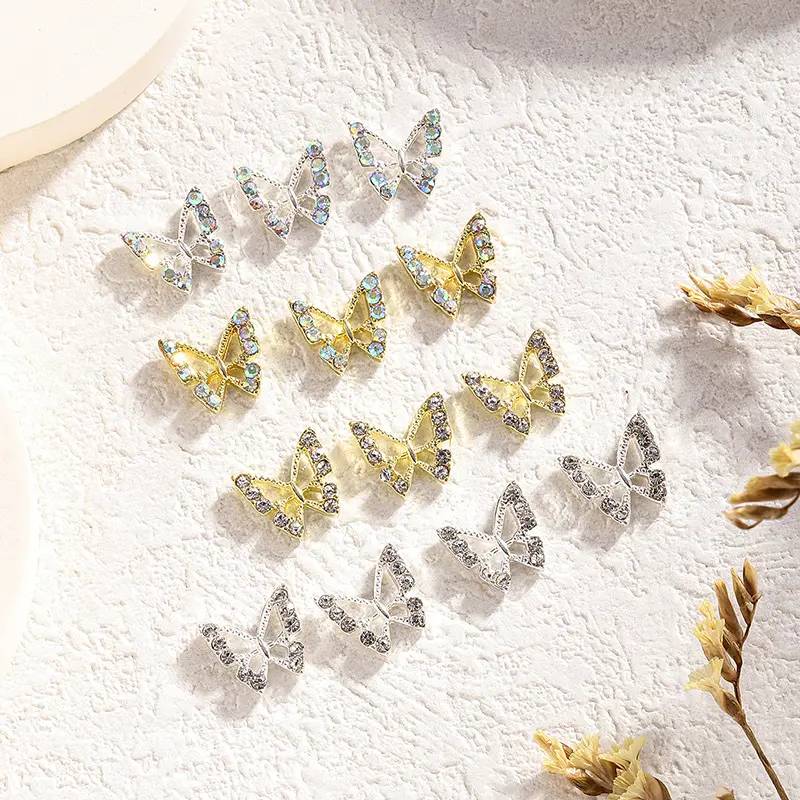 Aksesori kuku kupu-kupu, emas, perak, Zirkon, stiker tiga dimensi 3D, dekorasi kuku berkilau metalik