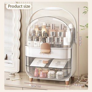 Kotak penyimpanan Makeup plastik 251110 dengan dua laci, kotak penyimpanan kosmetik Desktop dengan tutup transparan dan pegangan - Product Image 2