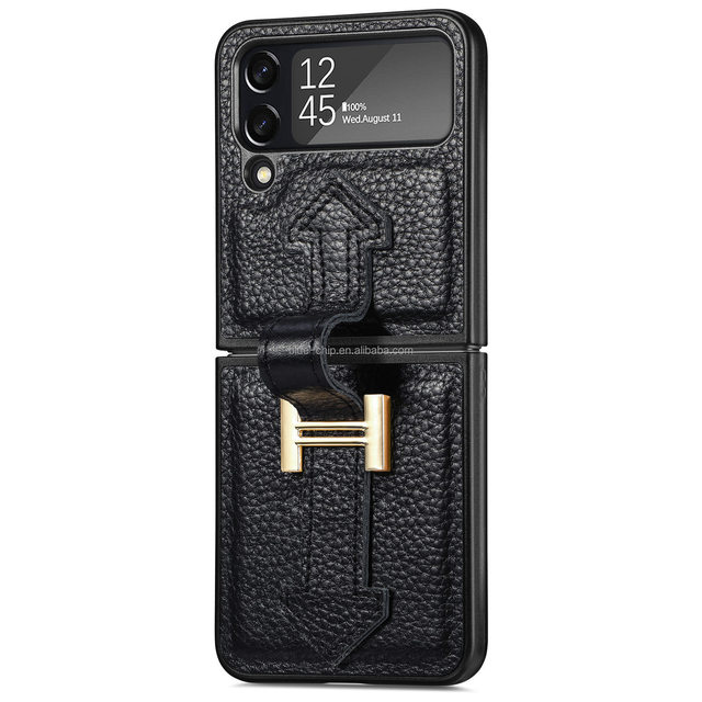 Fold Cowhide Cover Cell Mobile Real Grippiest Cowhide Genuine Leather Phone Case for Samsung Flip4 Mobile Cover With Wrist Grip