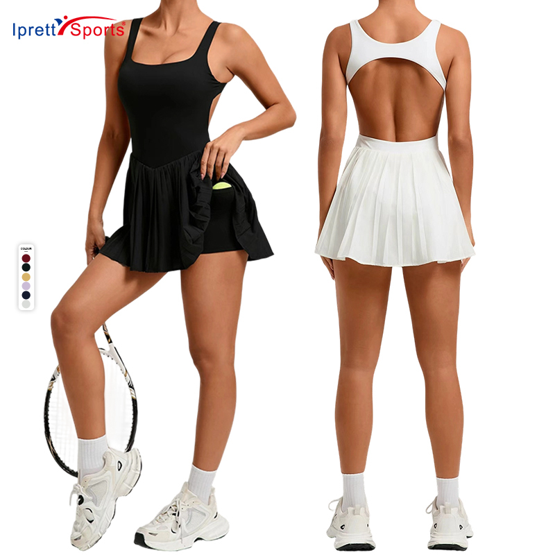 2026 Summer Trend Outdoor Active Wear Women Sports Yoga Dress Backless Pleated Tennis Dress with Shorts