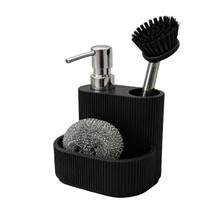 Distributeur de savon de cuisine moderne 3-en-1 vertical en polyrésine cannelée, étanche et durable, avec panier de rangement multifonctionnel à 3 compartiments pour évier