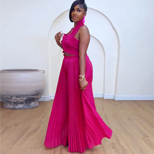 Mùa Hè Mùa Thu Màu Sắc Tinh Khiết Pleated Halter <span class=keywords><strong>Crop</strong></span> Tops Và Rộng Phù Hợp Dài Quần Hai Mảnh Cộng Với Kích Thước Bộ Phụ Nữ - Product Image 4