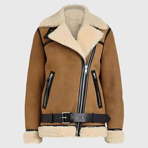Premium Women <b>Brown</b> Suede B-3 Bomber Jacket Faux/Real Shearling Aviator Outerwear - Product Image 1