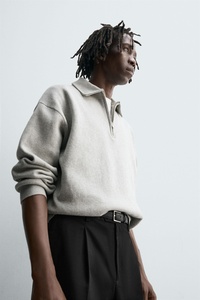 Lichtgrijze kwart-rits polokraag trui heren hybride sport casual gebreide pullover zachte katoenmix - Product Image 4