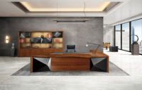 Bureau de direction haut de gamme en placage de noyer et cuir, table de travail modulaire extensible de luxe à design géométrique personnalisé pour PDG