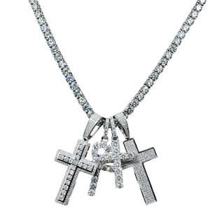 Men's 925 Silver Rhodium Plated Moissanite <b>Cross</b> Pendant Necklace Three <b>Crosses</b> Hip Hop Style Everyday Wear - Product Image 1