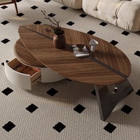 Nouvelle table basse moderne pour salon, en forme de feuille, couleur noyer, avec rangement, design en panneaux de bois