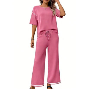 Women's 2-Piece <b>Knit</b> <b>Set</b> - Short Sleeve Contrast Trim Top & Drawstring Wide Leg Pants Outfit Womens Clothes <b>Sets</b> Fashion - Product Image 6