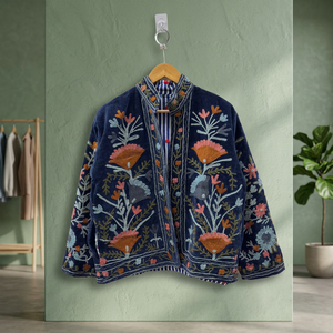 Custom Hand Embroidered Navy Velvet Suzani Jacket Women <b>Reversible</b> Floral Short <b>Coat</b> Wholesale Boho Ethnic Outerwear Suzani - Product Image 4