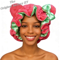 Bonnet de nuit en satin rose de luxe à oreilles de chat imprimées pour femme, avec sangle réglable, extérieur en peluche douce, doublure en satin vert clair, anti-frisottis