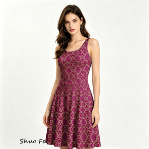 Vestido sin mangas <span class=keywords><strong>para</strong></span> mujer, vestido tipo patinadora con estampado geométrico de rejilla, vestido de verano con corte en A, elegante vestido informal de negocios en color rojo vino - Product Image 1
