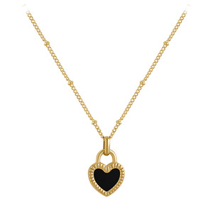 Ensemble collier et boucles d'oreilles avec pendentif cœur double face (noir et blanc) en acier inoxydable plaqué or 18K PVD |   Hypoallergénique et imperméable - Product Image 1