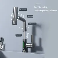 Robinet de lavabo cascade intelligent thermostatique chaud/froid à levage, monocommande, monotrou, noir, avec affichage numérique, de haute qualité et au design moderne
