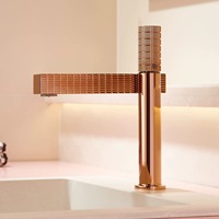 Robinet de lavabo de salle de bain moderne minimaliste en cuivre massif, finition or rose, avec poignée unique, cartouche céramique, à poser sur le comptoir, pour eau chaude et froide