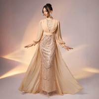 Nouvelle Robe de Soirée Export Style Élégant en Chiffon à Paillettes et Perles, Design Patchwork, Manches Longues, Silhouette Crayon, Longueur Ras du Sol
