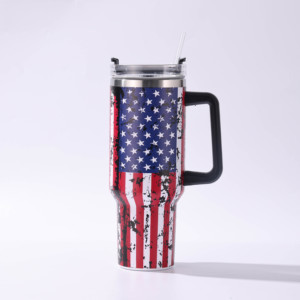 Gobelet isotherme en acier inoxydable de 40 oz avec poignée, couvercle et paille, motif drapeau national, isolation sous vide 12-24h, style américain pour voiture - Product Image 3