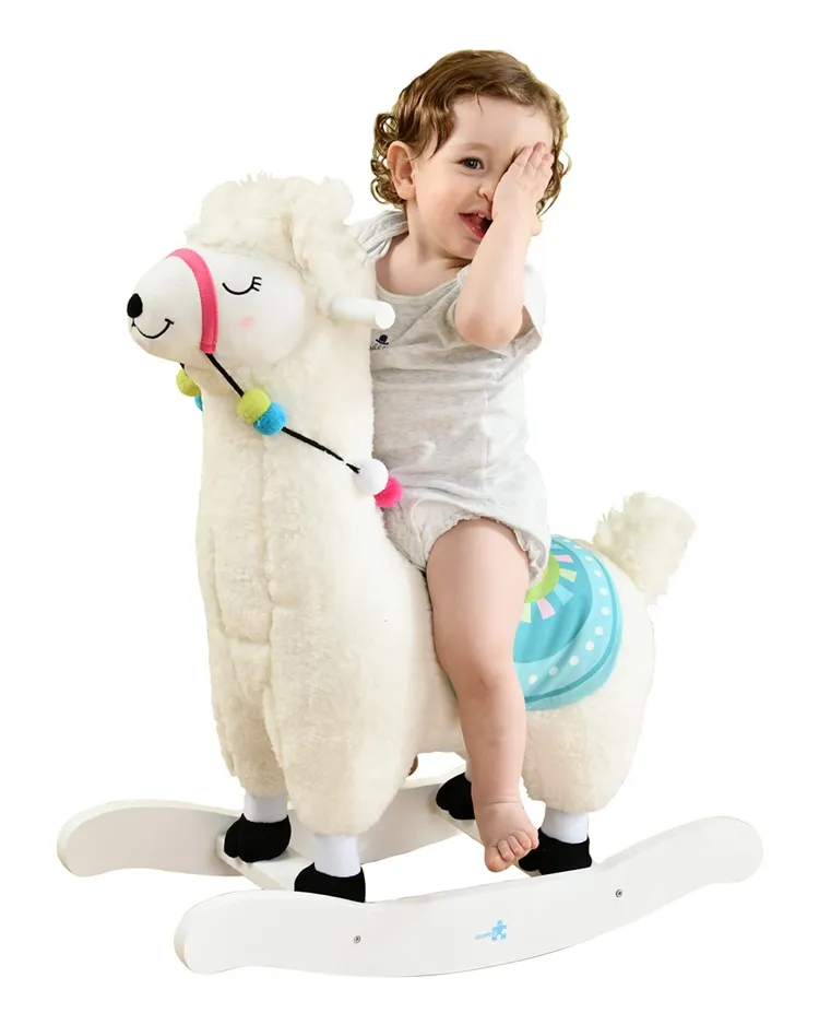 Labebe 1-3 Years Boy&Girl Baby White Alpaca Plush Animal Rocker Toys Wooden Riding Horse Kids Rocking Horse