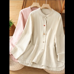 Women's Ramie Cotton Linen Shirt Jacket Pinkish Brown Autumn Chinese Style Button Zen Tai Chi Tea Dress Cardigan Top - Product Image 3