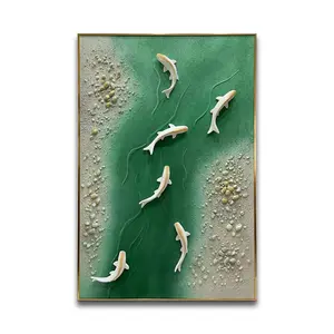 Gold Metal 3D Wall Sculpture Fish Swimming In Green River Vertical Pattern Silver Frame Hotel Room Decor Hanging Art