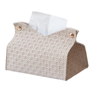 กล่องกระดาษทิชชูทอแบบหรูหราสำหรับรถยนต์ ห้องนั่งเล่น ที่เก็บของอเนกประสงค์ ที่จัดระเบียบบนโต๊ะ สีเบจ พร้อมกระดุมไม้ - Product Image 2