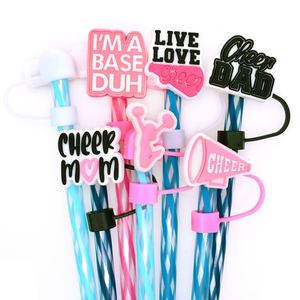 Cheer Leading Taza de dibujos animados Topper de paja Cheer Mom Cheer Dad Love New Silicone Custom Straw Charms Cap Wholesale Cute Straw Cap - Product Image 2