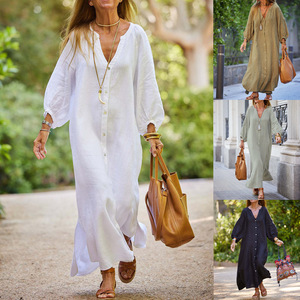 Vestido Camisero Maxi de Algodón y Lino para Mujer, Cuello en V, Abotonado, Corte Holgado Informal, Vestido de Verano - Product Image 1