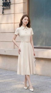Robe midi élégante pour femme, manches courtes, col chemise, coupe trapèze, tenue de bureau, vêtement de travail tendance, prête à être expédiée, vente en gros - Product Image 4