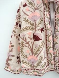 Floral Embroidered Mandarin Collar Jacket <b>Women</b> Full Sleeve Prairie Chic <b>Spring</b> Outerwear Handmade Woven Cotton <b>Coat</b> - Product Image 6