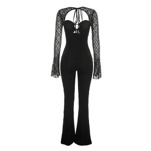 Viviblook D26JP280 Women Autumn New Solid Color Sexy Lace Hollow Drawstring Long Sleeved Slim Fit Casual One Piece Jumpsuit - Product Image 6